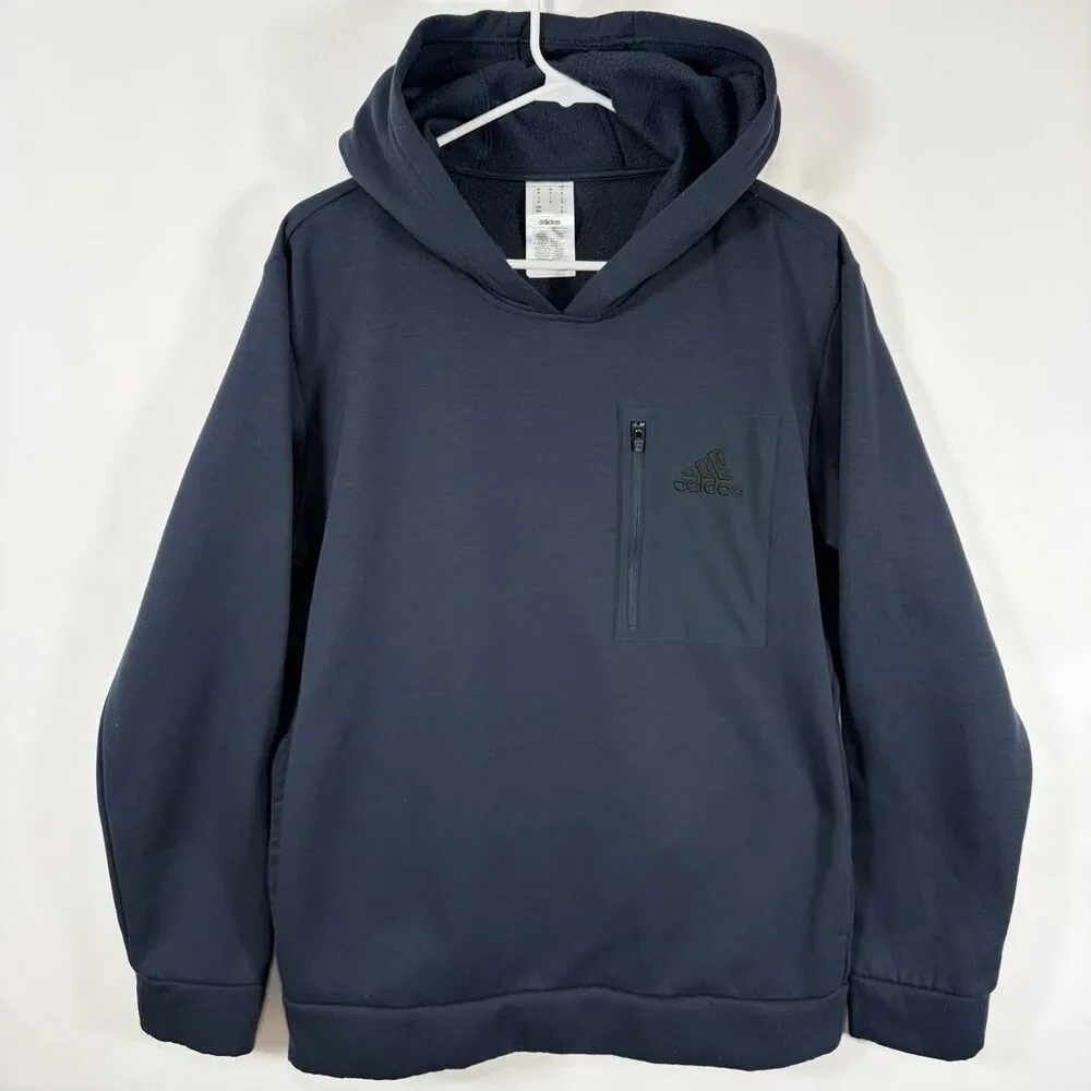 Adidas Hoodie Mens Size Medium Navy Blue Zipper Chest Pocket Fleece Pullover